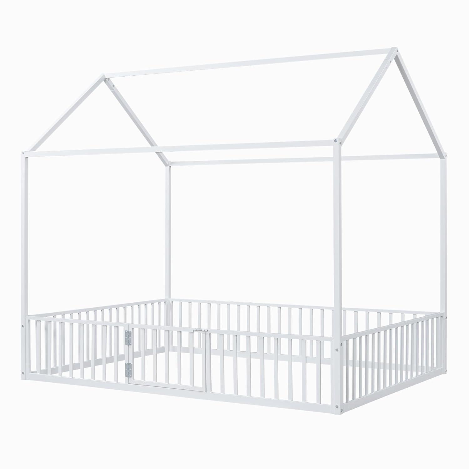 Full Floor Bed with Door and Fence, Metal Montessori Bed Full Size, Kids Montessori Floor Bed with Roof/House for Kids, Girls, Boys, White