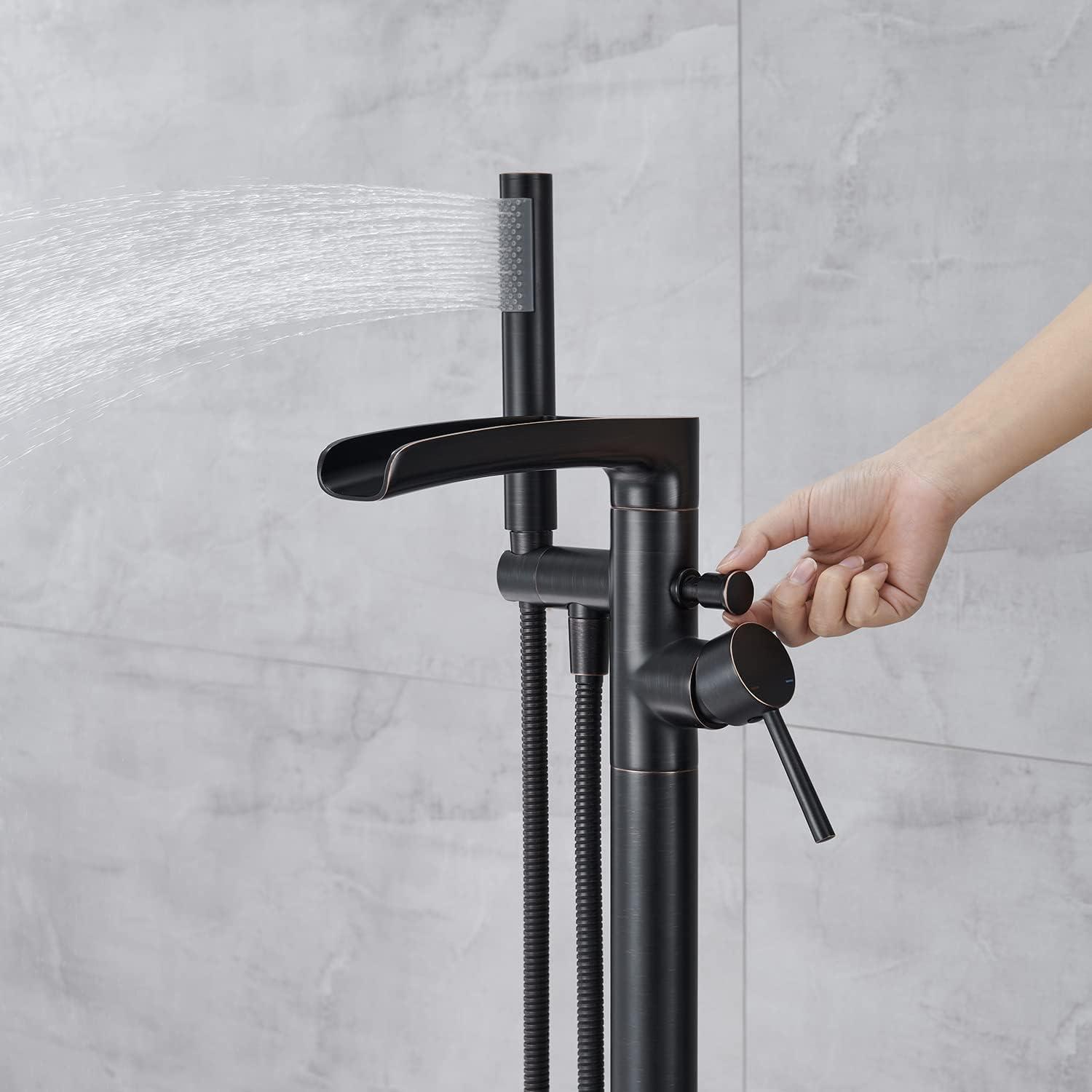 Free Standing Tub Faucet Brass Oil Rubbed Bronze Waterfall Freestanding Bathtub Faucet Floor Mount Tub Filler with Handheld Sprayer