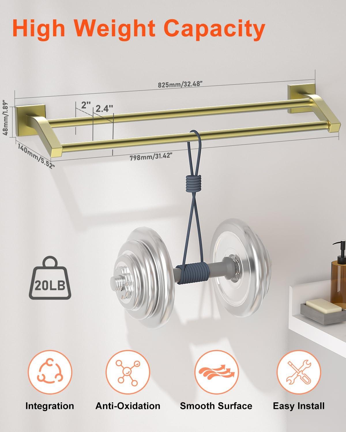 Alise Bath Double Towel Bars Towel Racks for Bathroom,Wall Mount Towel Holder Heavy Duty SUS304 Stainless Steel Towel Hanger Rail,GK9800-G Gold Finish 32-Inch