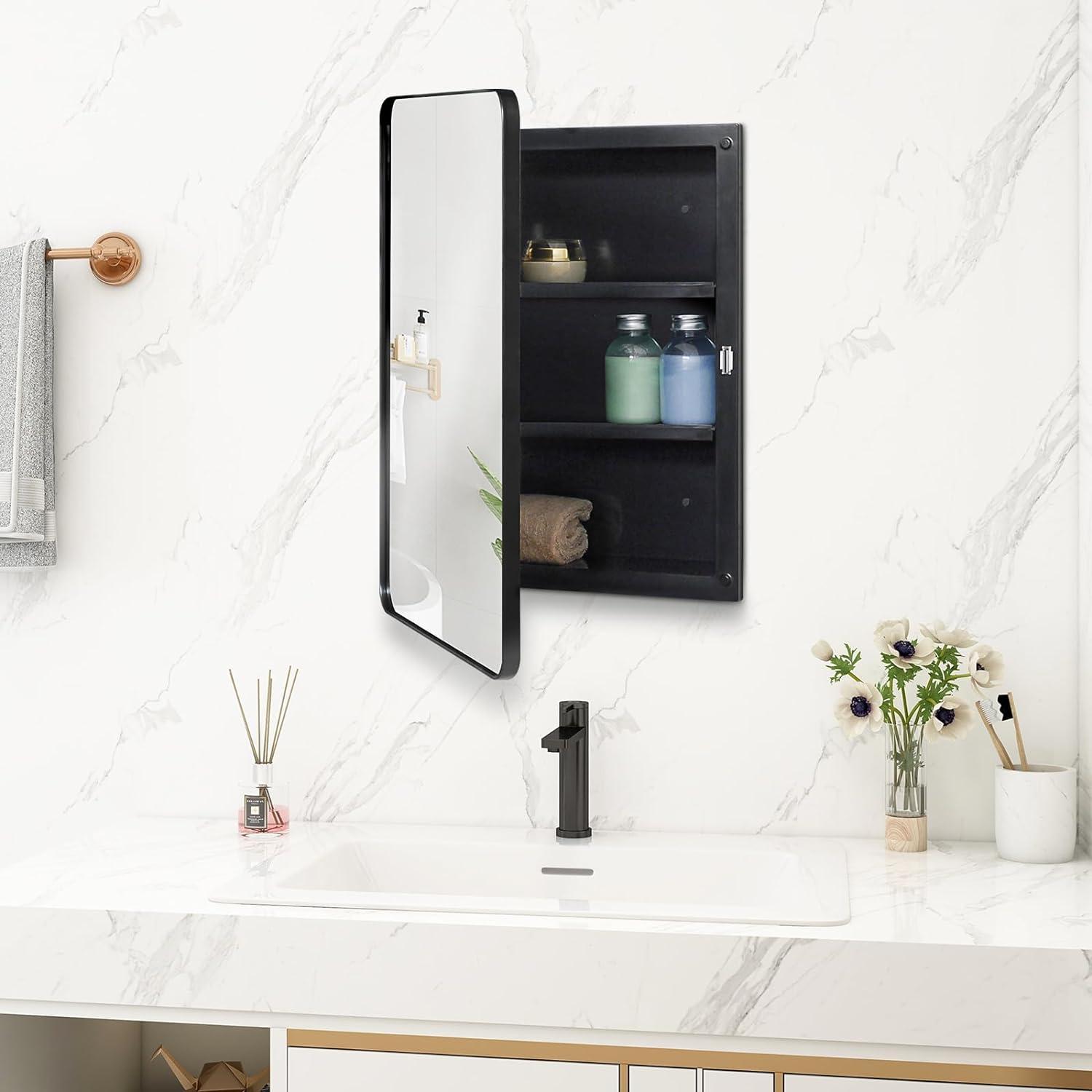 Black Metal Frame Medicine Cabinet with Mirror Door, 16 x 22 Inch