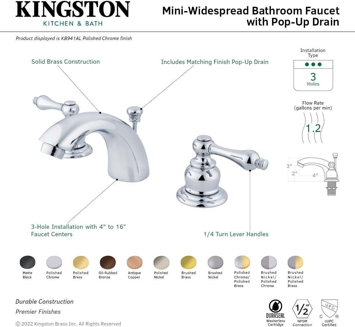 Kingston Brass Victorian Two-Handle 3-Hole Deck Mount Mini-Widespread Bathroom Faucet with Plastic Pop-Up