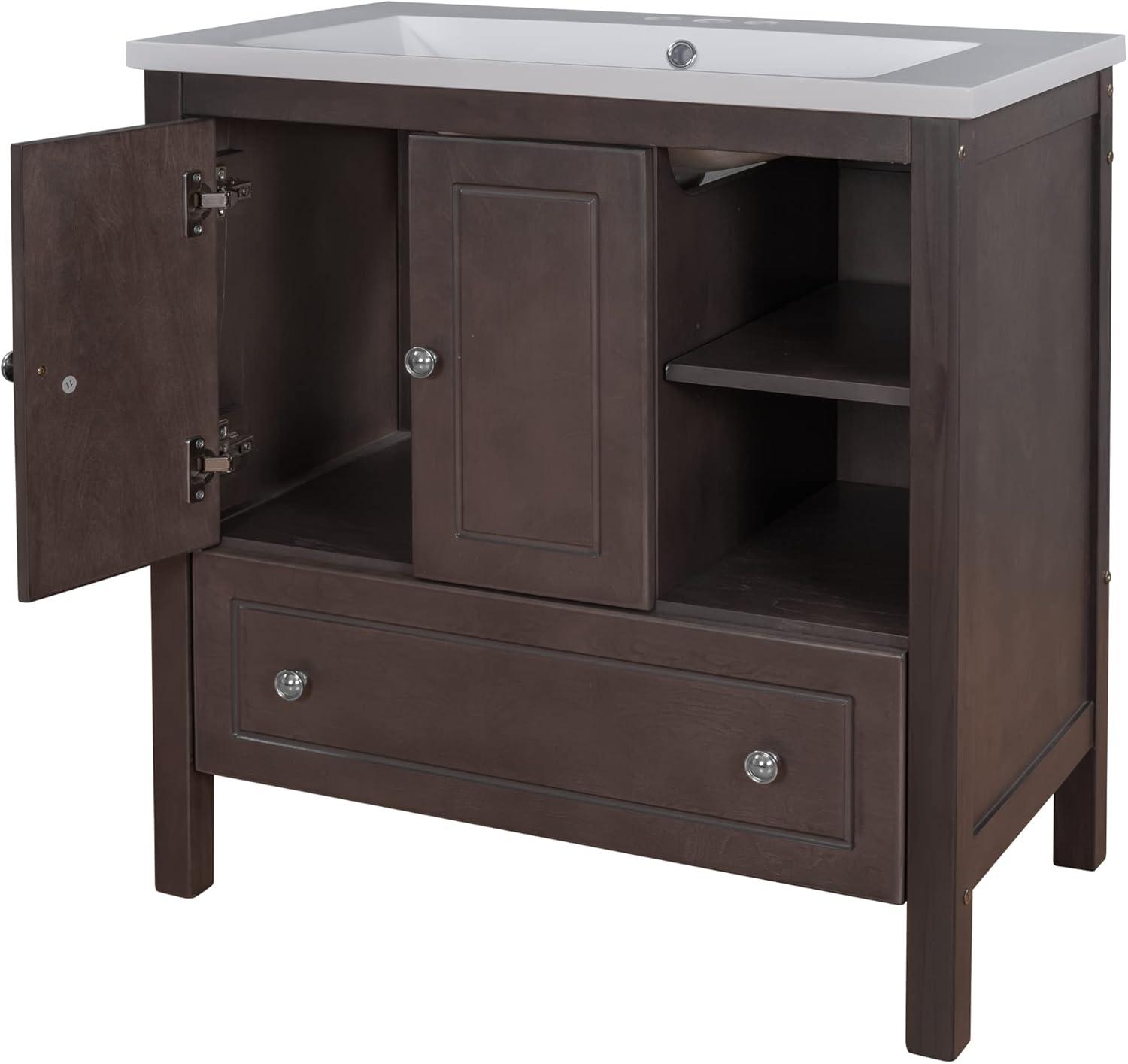 30" Brown Solid Wood Bathroom Vanity with Ceramic Sink