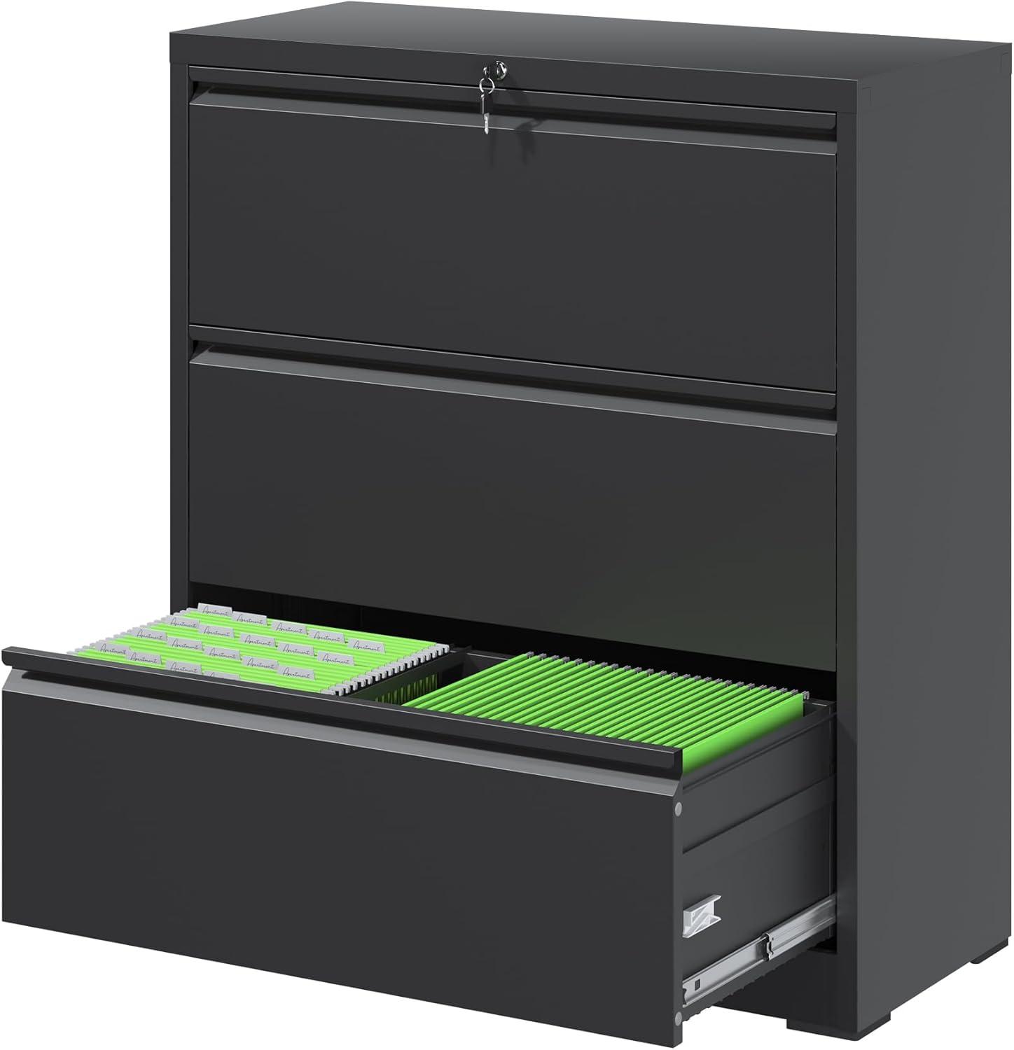 Black Metal 3-Drawer Lockable Lateral File Cabinet