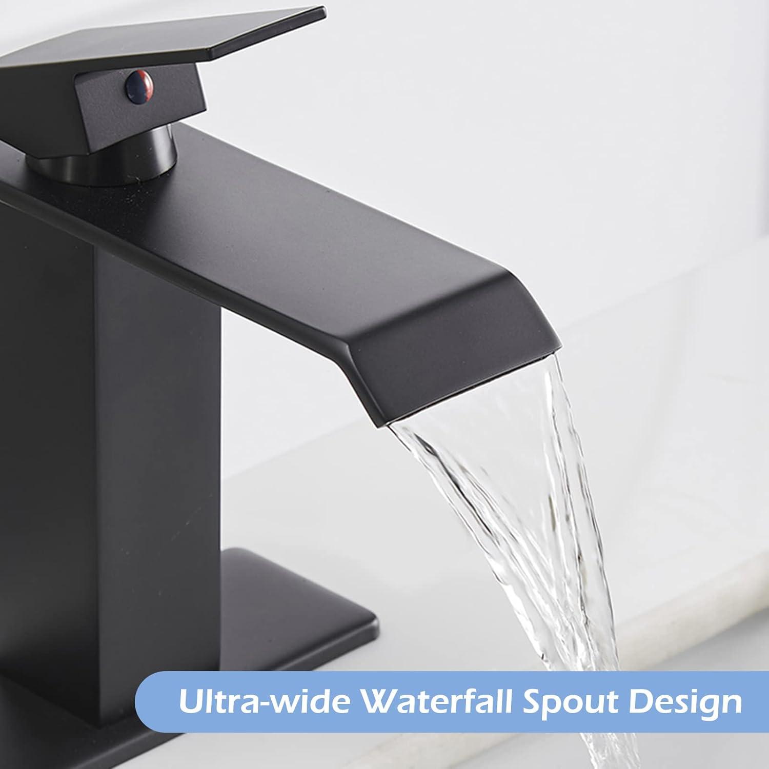 Matte Black Single Hole Waterfall Bathroom Faucet with Pop-Up Drain