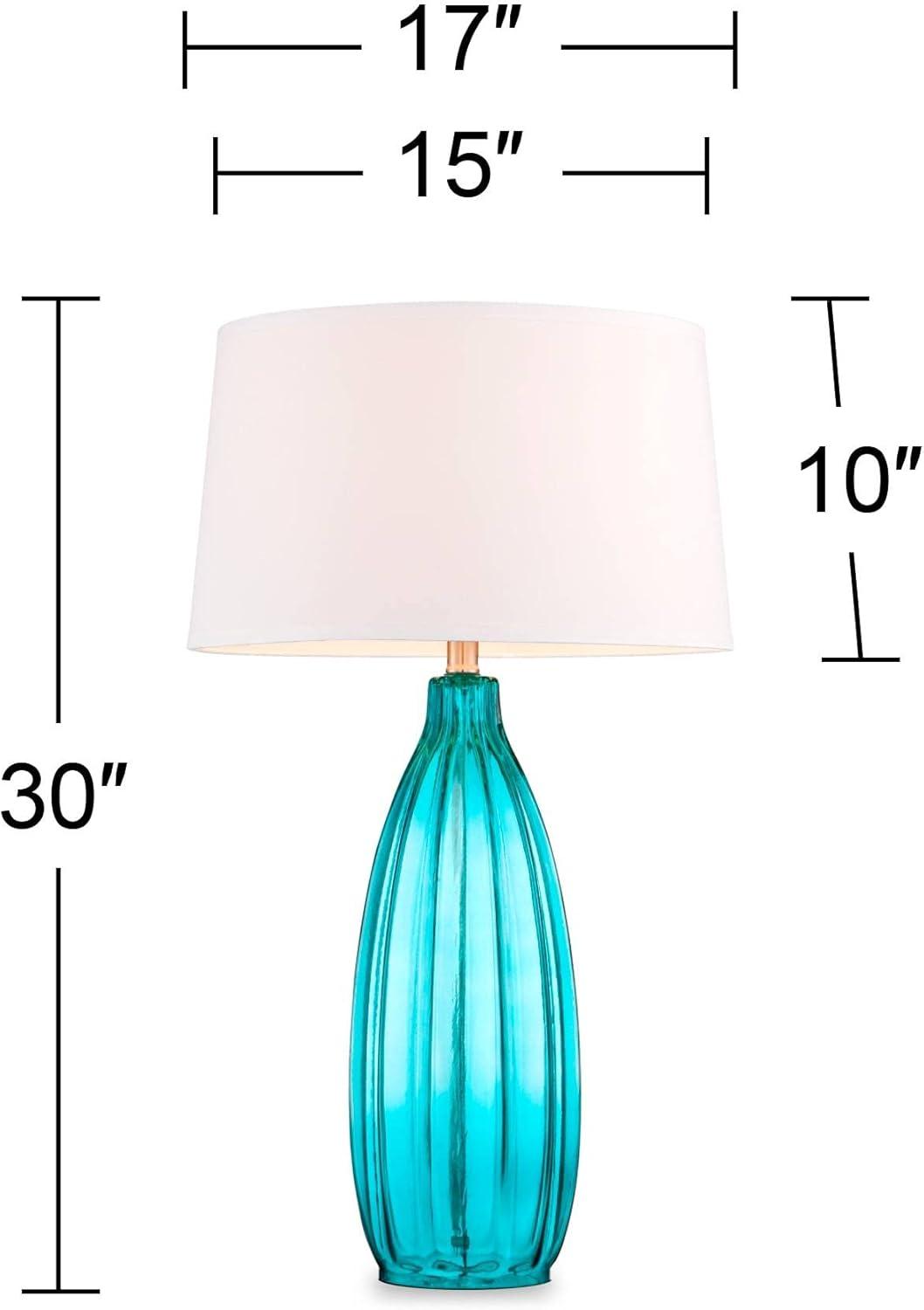 360 Lighting Coastal Table Lamps 30" Tall Set of 2 Fluted Blue Glass White Drum Shade for Living Room Family Bedroom Bedside Nightstand