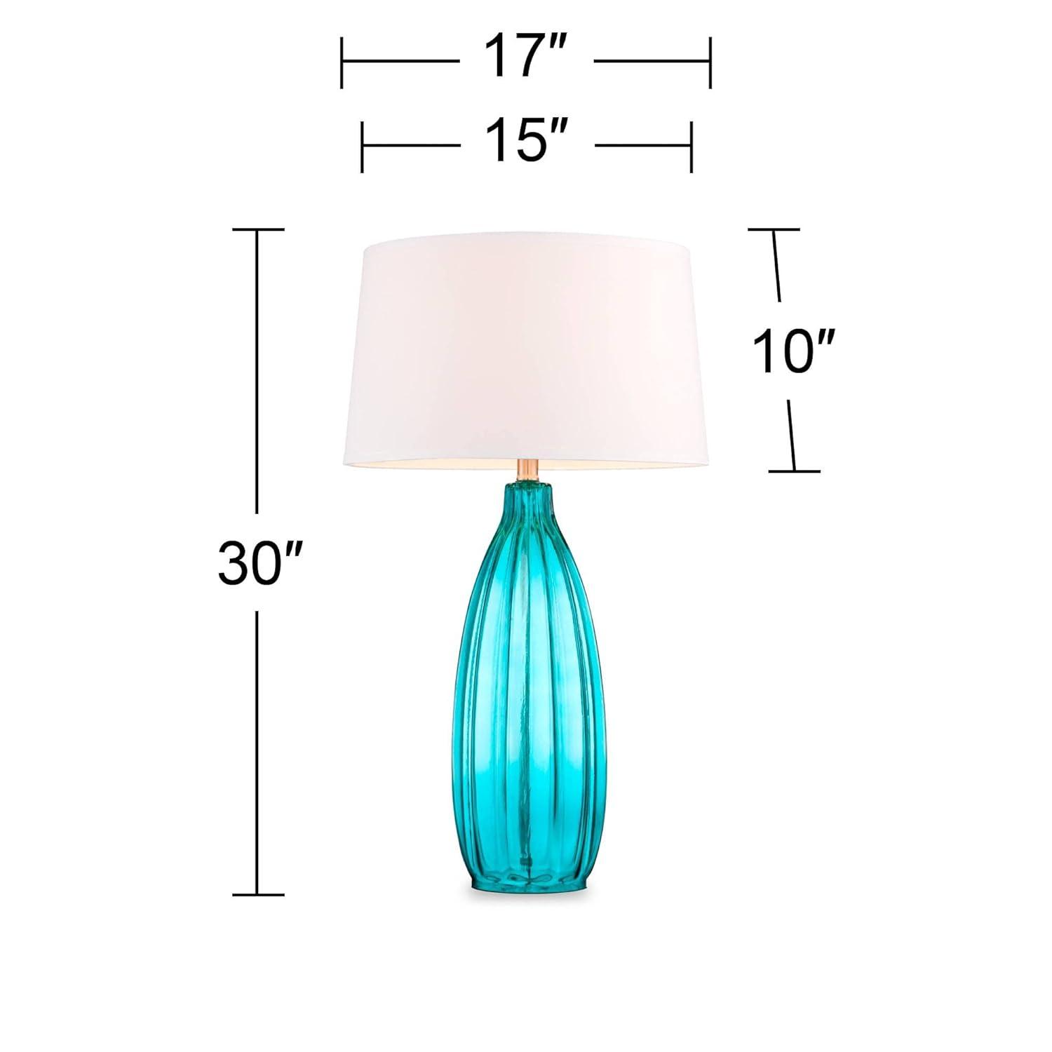 360 Lighting Coastal Table Lamps 30" Tall Set of 2 Fluted Blue Glass White Drum Shade for Living Room Family Bedroom Bedside Nightstand