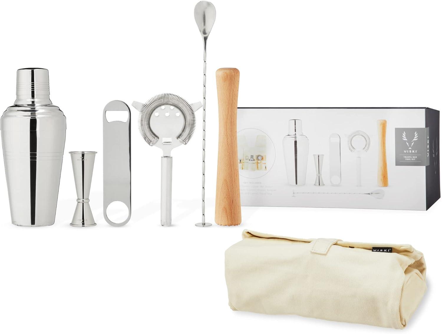Viski 7-Piece Stainless Steel Travel Bar Barware Set