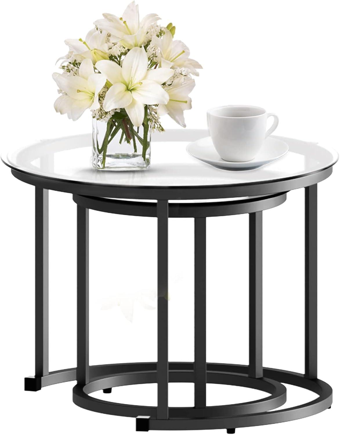 Black Glass and Metal Round Nesting Coffee Tables, Set of 2