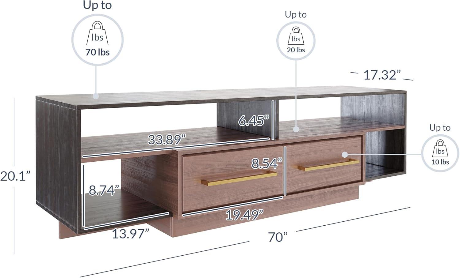 BELLEZE 70" Mid-Century Modern TV Stand with Open Shelves and Drawers, Entertainment or Media Console for TVs Up to 75" - Kamari (Dark Walnut)