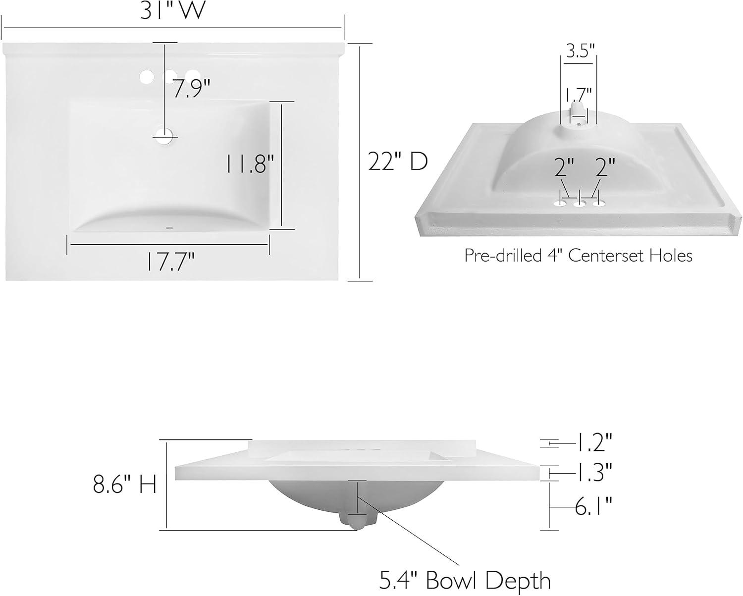 31 Inch Camilla Modern Vanity Top with Backsplash, Solid White – Design House, 630228