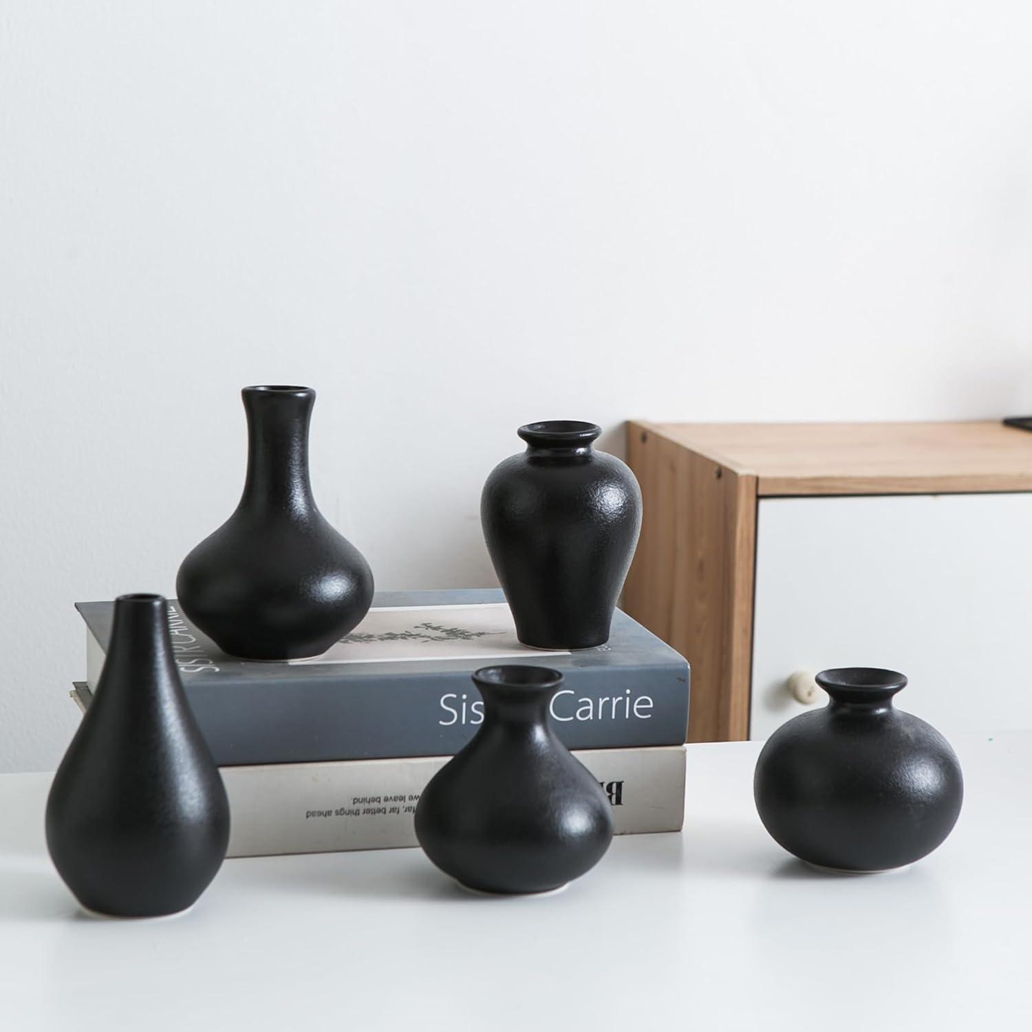 Ivy Bronx Small Black Vases, Ceramic Bud Vase Set Of 5, Mini Pottery Vases For Pampas Grass, Flowers, Decorative Vases (Set of 5)