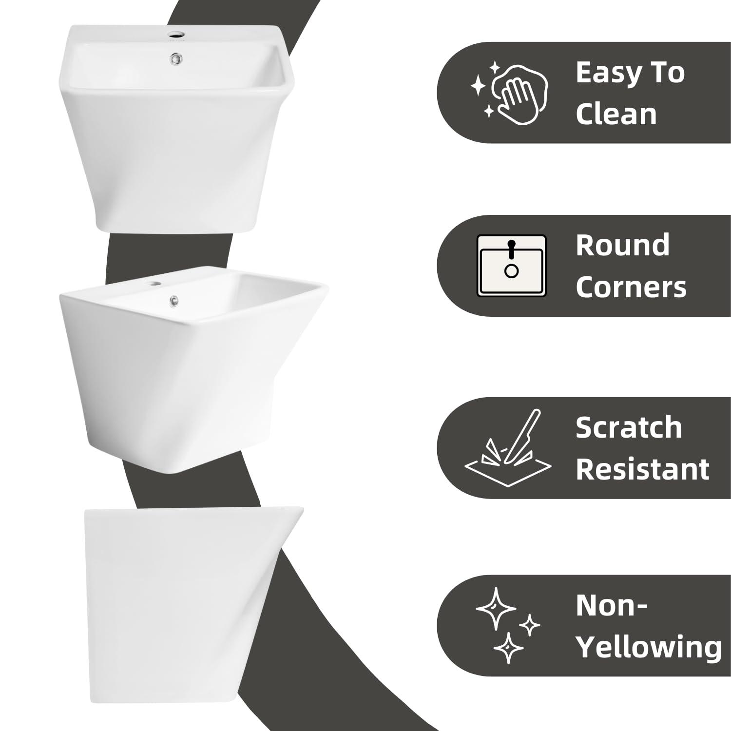 Los Flexi Wall Mount Sink with Overflow, Modern Floating Bathroom Vessel Sink, Single Faucet Hole, Pop-up Drain Included