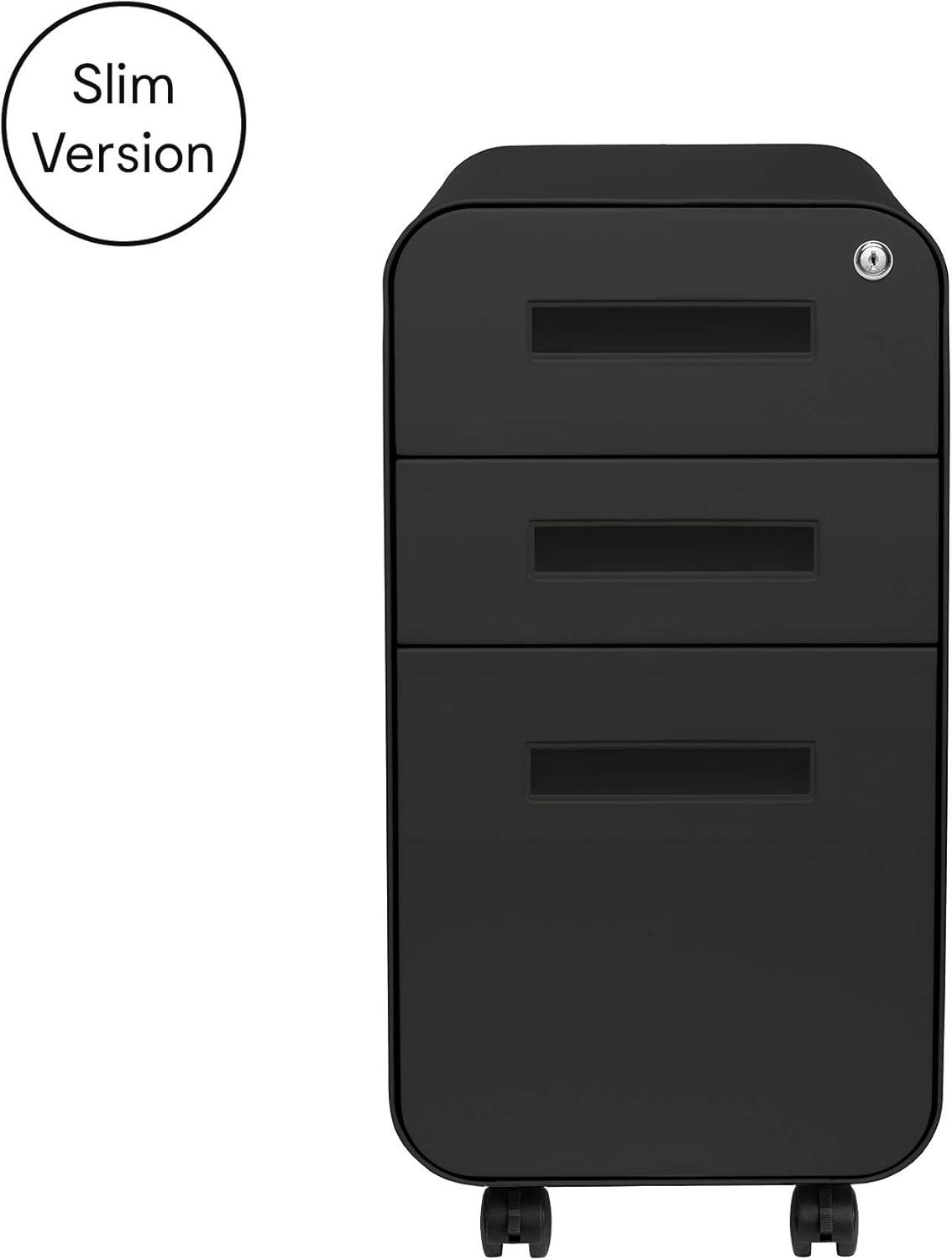 Black Slim 3-Drawer Lockable Mobile File Cabinet