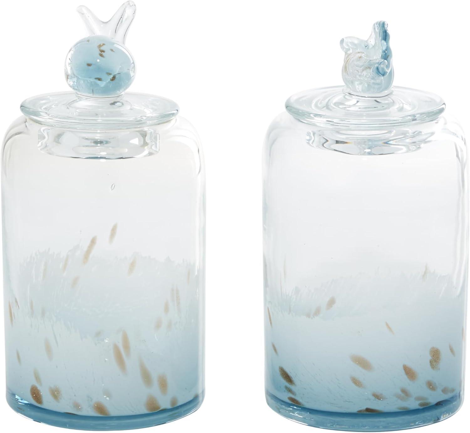 Blue Glass Whale and Seashell Decorative Jars, Set of 2