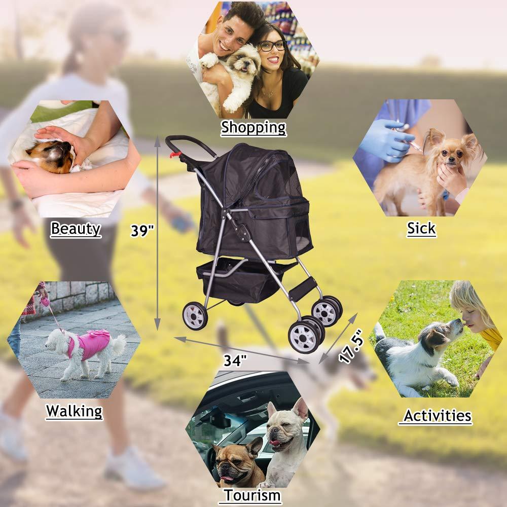 4 Wheels Pet Stroller Cat Dog Cage Stroller Travel Folding Carrier with Cup Holders and Removable Liner for Small-Medium Dog, Cat (Pink)