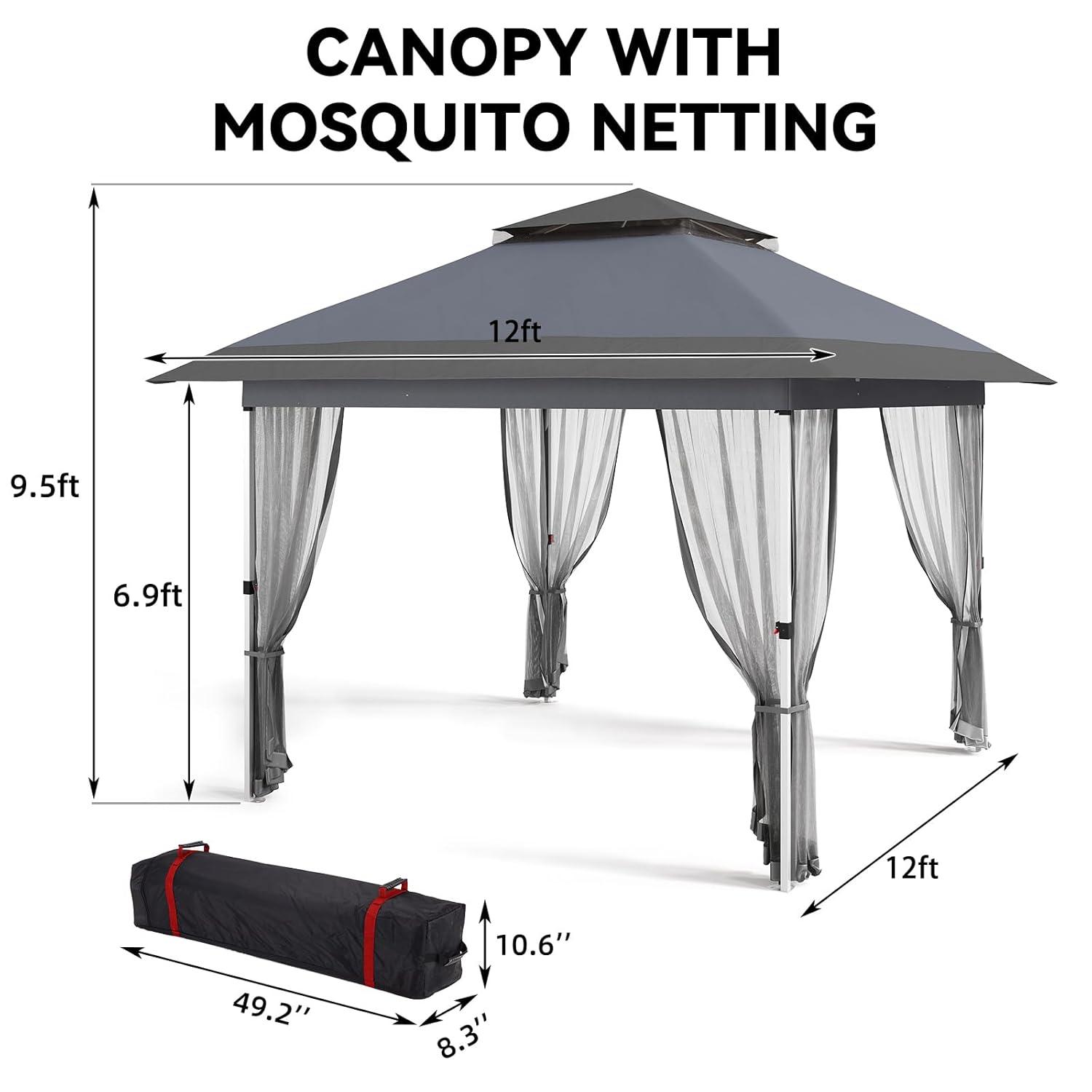 12'x12' Gazebo Outdoor Pop up Canopy Tent with Curtains and 144 Square Shelter for Patio,Backyard Party, with Mosquito Netting, 2-Tiered Vented Top (Gray)