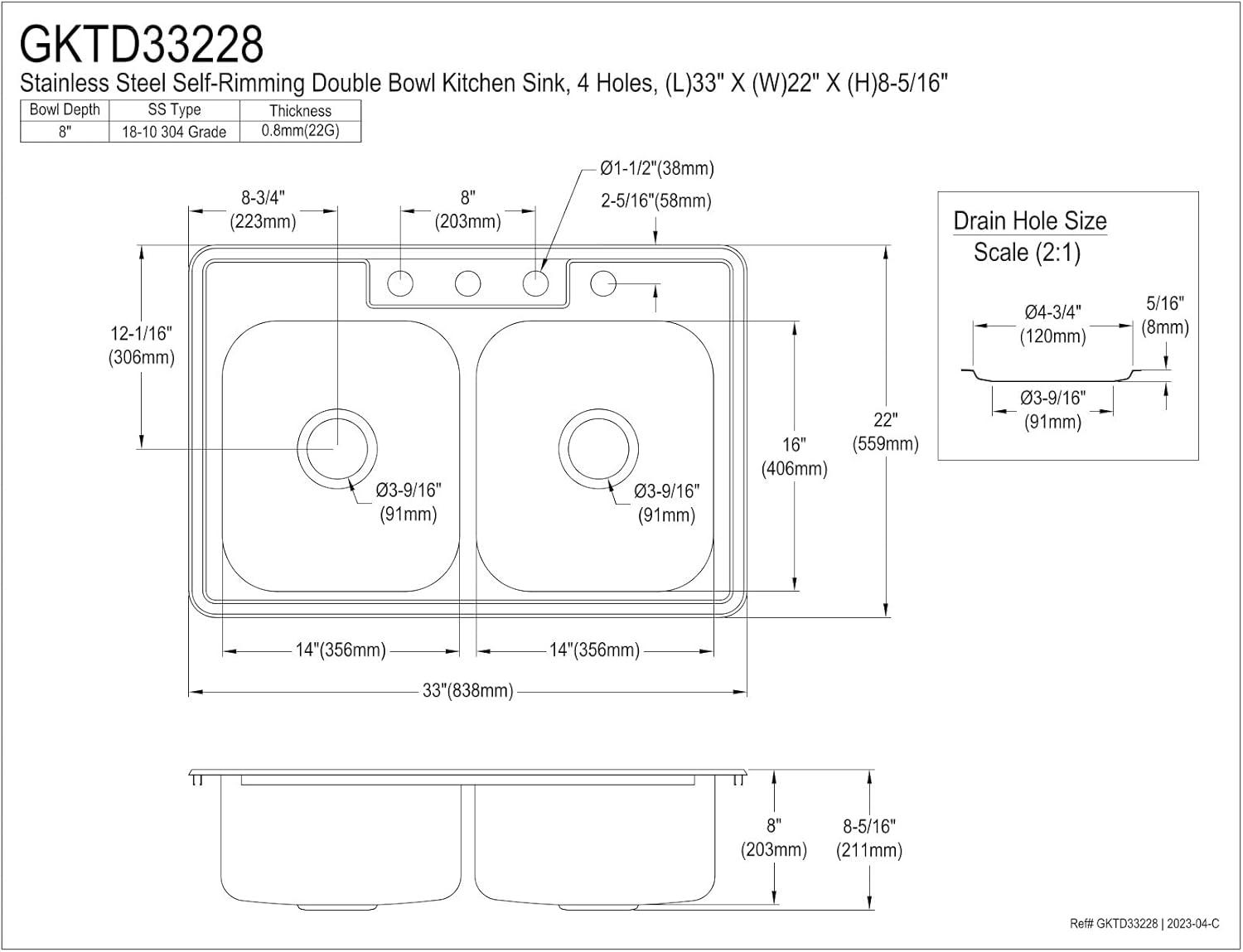 Kingston Brass Studio 33-Inch Stainless Steel Self-Rimming Double Bowl Drop-In Kitchen Sink With 4-Hole Drain And Strainer