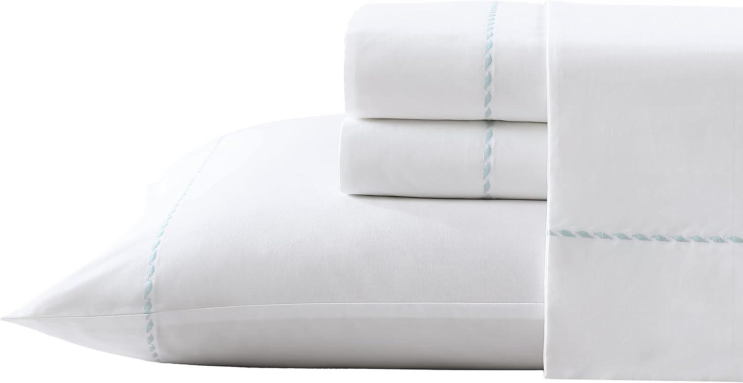 Queen Blue Organic Cotton Embroidered Percale Sheet Set