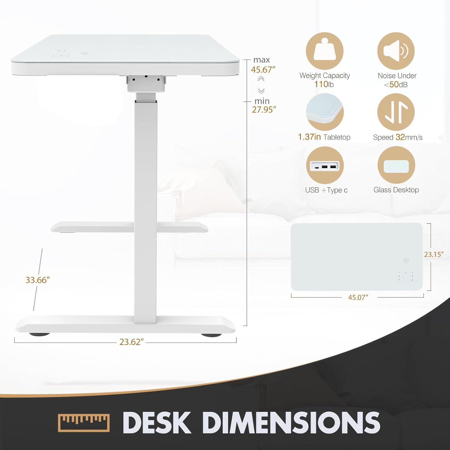 ADOFFUR 45" x 23" Dual Motor Height Adjustable Desk with Drawer,Tempered Glass Top,Wireless Charging and 3 USB Ports for Home Office - White