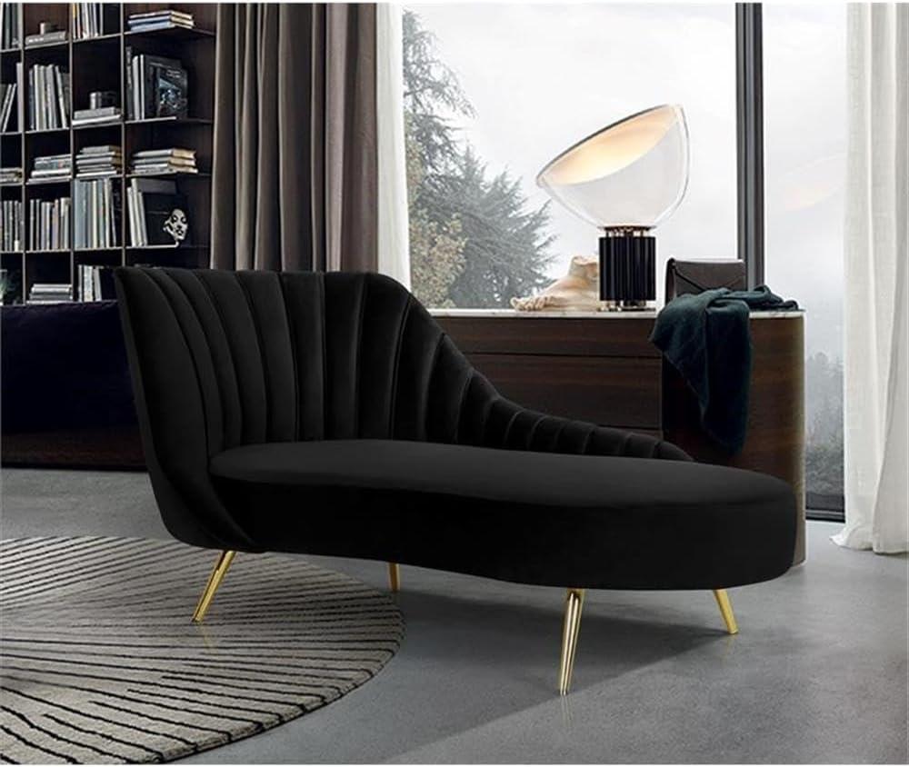 Luxurious Black Velvet Chaise with Custom Gold Metal Legs