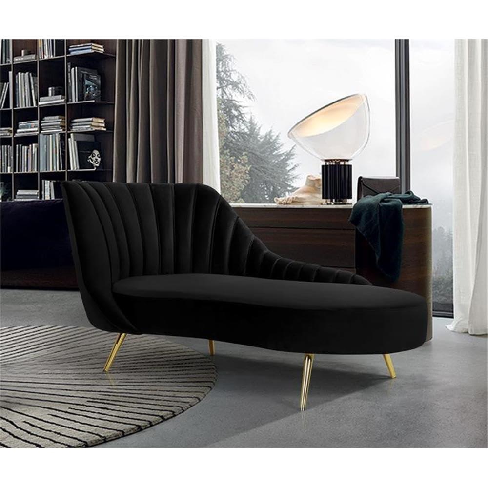 Meridian Furniture Margo Collection Modern | Contemporary Velvet Upholstered Chaise with Deep Channel Tufting and Rich Gold Stainless Steel Legs, Black, 74" W x 37.5" D x 35" H