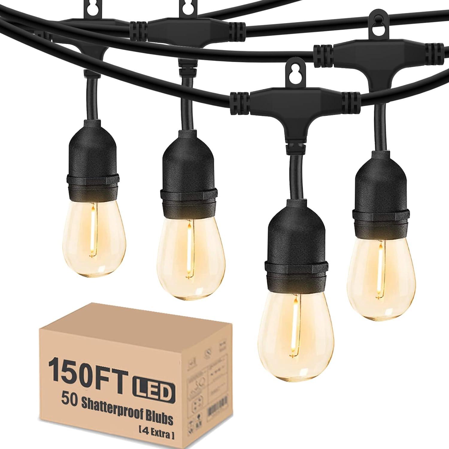 150ft Black LED Outdoor String Lights with Shatterproof Warm White Bulbs