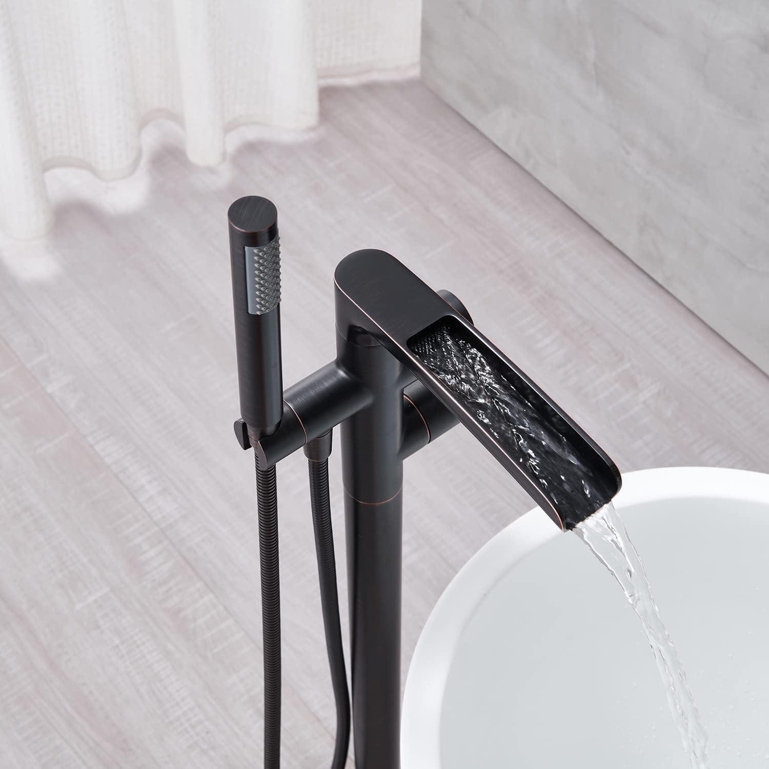 MOGFCT Waterfall Freestanding Bathtub Faucet Set Single Handle Floor Mount Tub Filler with Hand Shower ,Matte Black