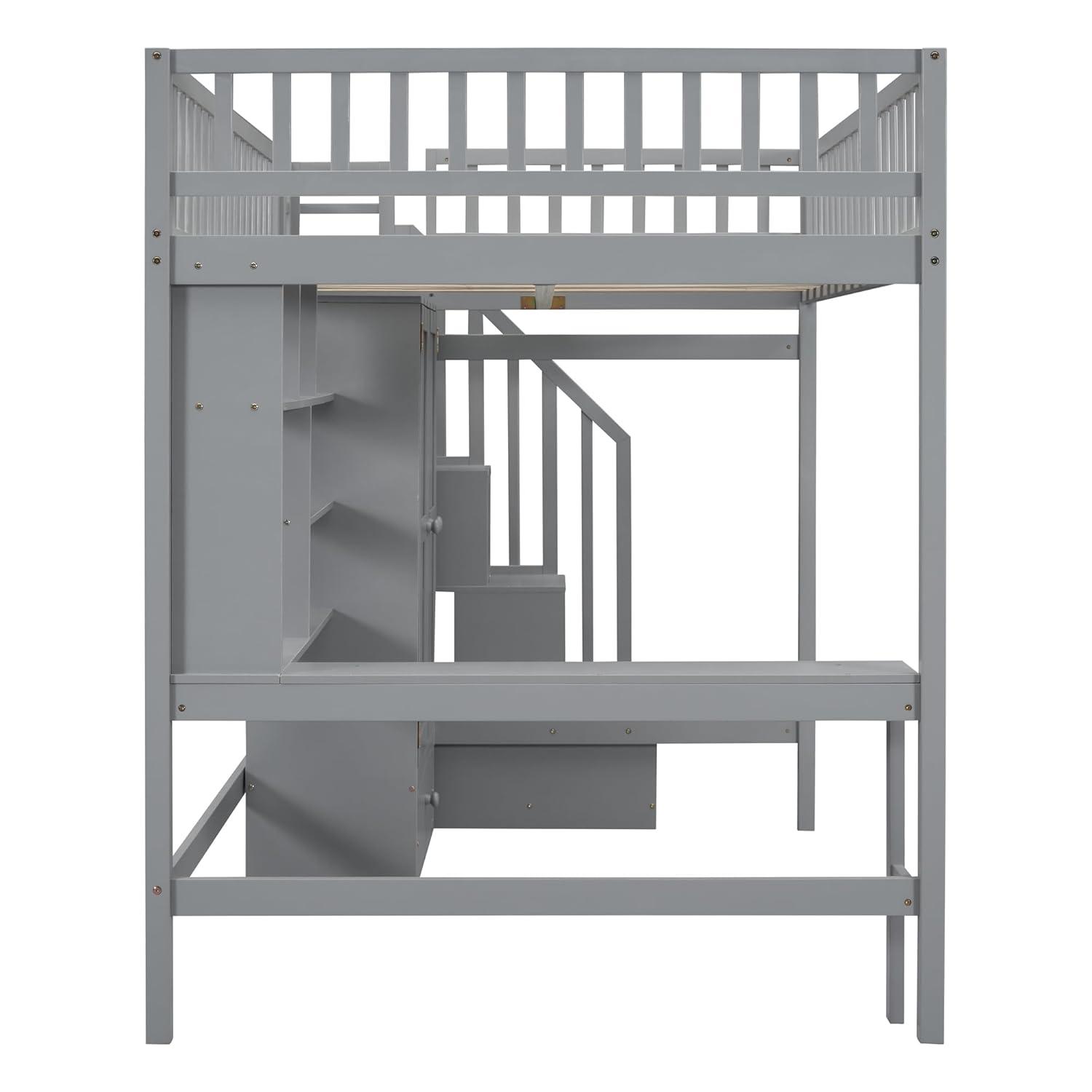 Bellemave Full Size Loft Bed with Stairs and Wardrobe, Wood Loft Beds Frame with Desk and Storage Drawers, Stairway Loft Bed for Kids, Teens & Adults（Gray）