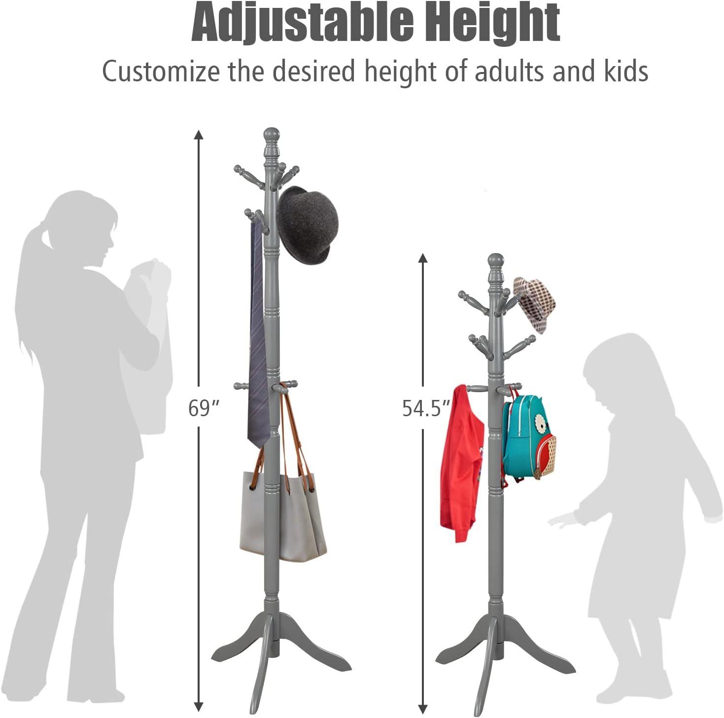 Canddidliike Entryway Height Adjustable Coat Stand with 9 Hooks-Gray, Simple Freestanding Coat and Hat Organizer, Coat Racks for Living Room