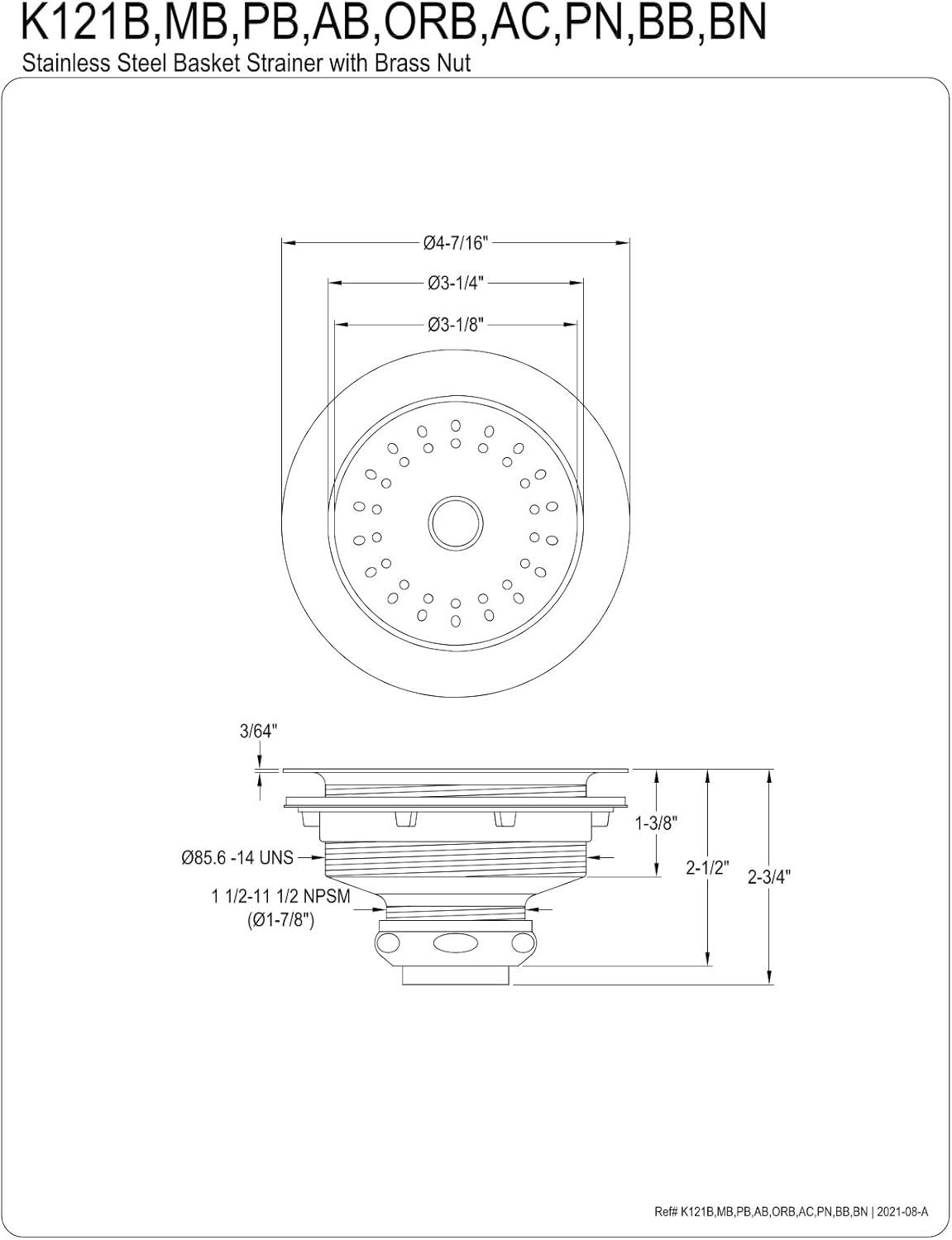 Kingston Brass Kingston Brass Fresno 3-1/2 Inch Kitchen Sink Basket Strainer Only K121BBB