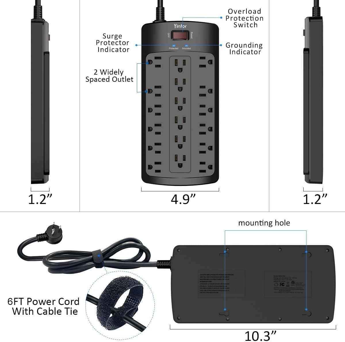 Heavy Duty Black 18-Outlet Surge Protector Power Strip with USB Ports