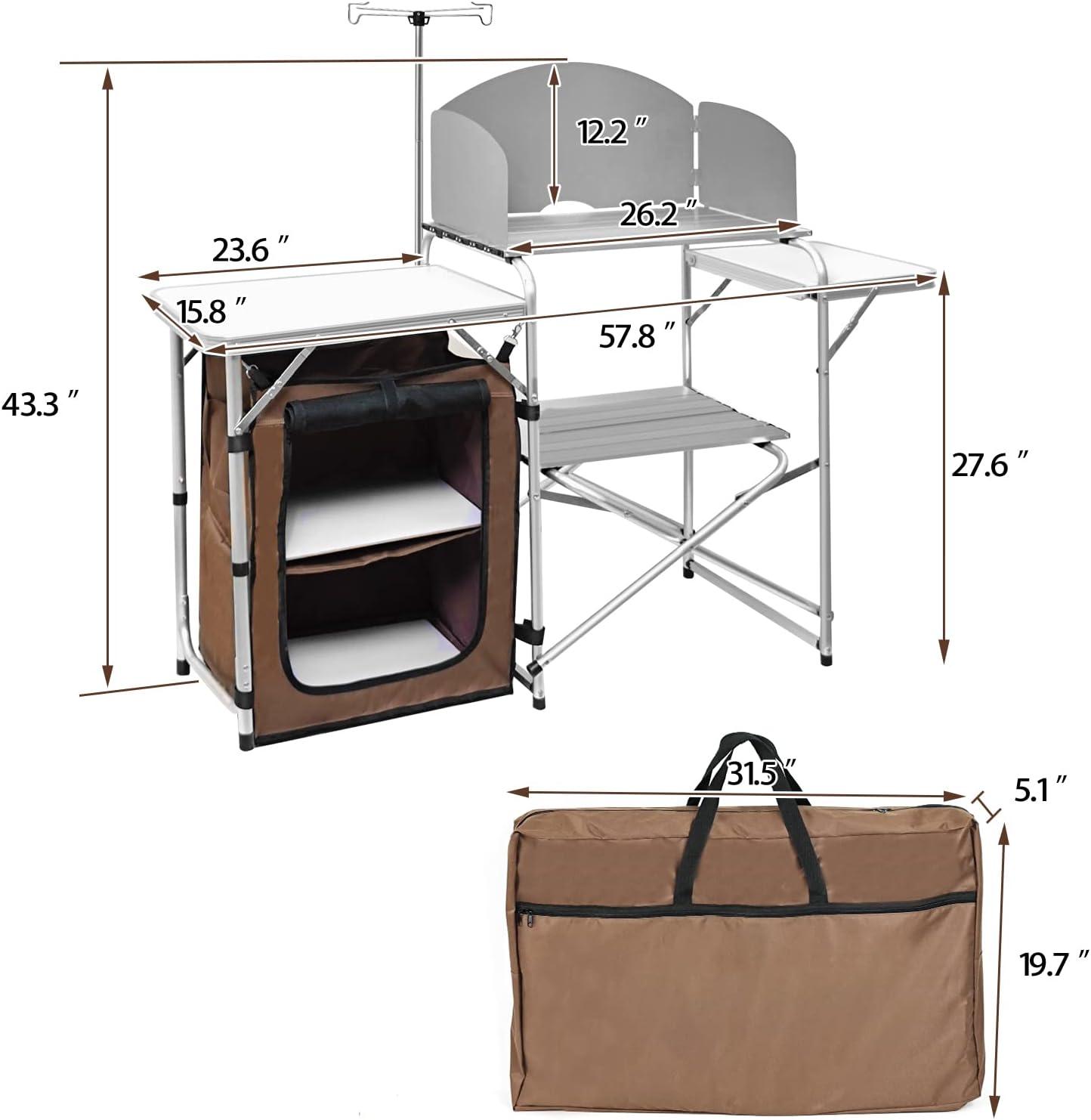 Portable Aluminum Folding Outdoor Cooking Table with Storage and Windscreen