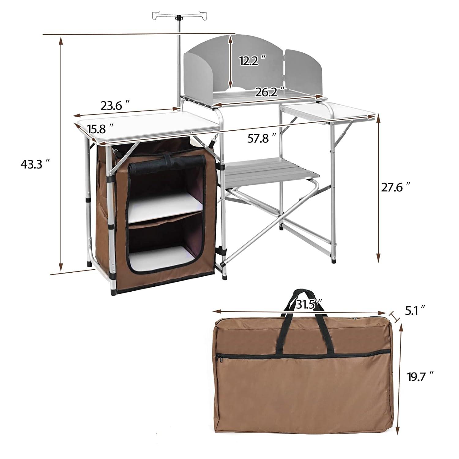 CampLand Folding Cooking Table Outdoor Portable Cook Station Aluminum Camping Kitchen with Storage Organizer, Windscreen, Hooks for BBQ, Party