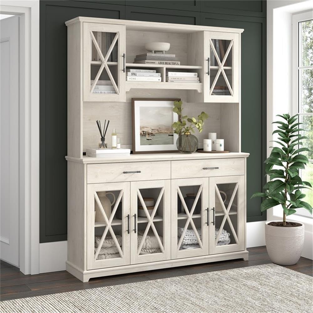 Linen White Oak Farmhouse China Cabinet with Hutch