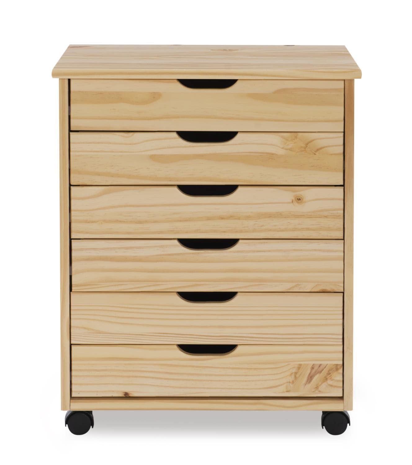 Cary Transitional 6 Drawer Solid Wood Contoured Handle Cut Out Wide Roll Cart Natural - Linon: Pine Frame, Farmhouse Style
