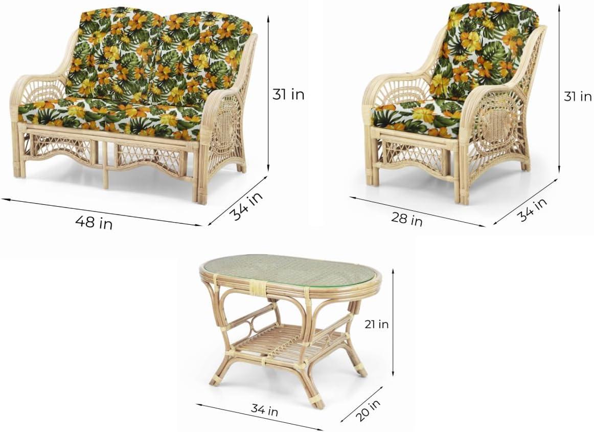 Bay Isle Home™ Malibu Lounge Set Of 4: 2 Natural Rattan Wicker Chairs, Loveseat And Coffee Table W/Glass Handmade, Natural Color