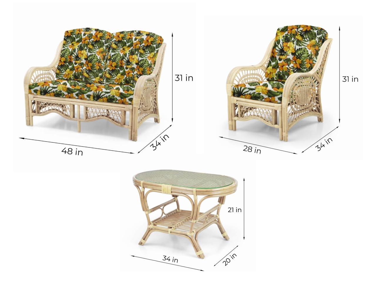 Bay Isle Home™ Malibu Lounge Set Of 4: 2 Natural Rattan Wicker Chairs, Loveseat And Coffee Table W/Glass Handmade, Natural Color