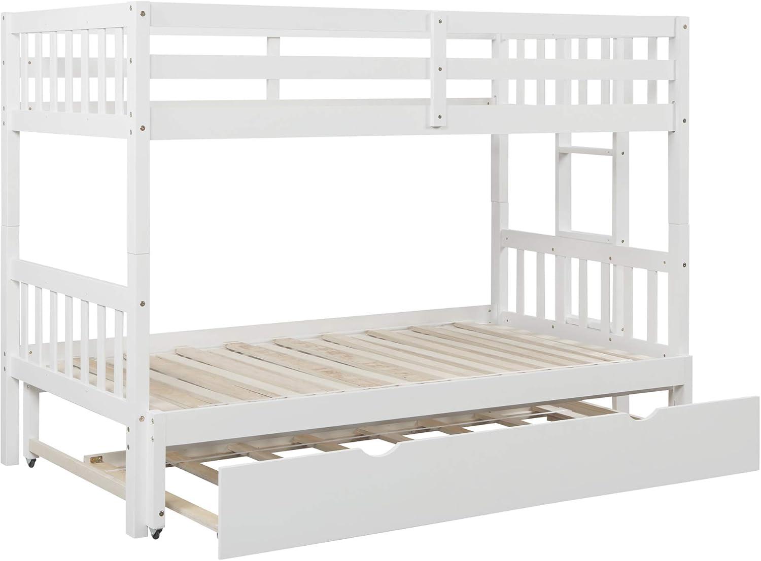 DreamBuck, Twin over Pull-out Bunk Bed with Trundle, Solid Wood Twin Over Twin/King Bunk Bed, Extendable Bunk Beds with Ladder and Safety Rail, Thicken Wooden Bunkbed, Accommodate 4 People, White