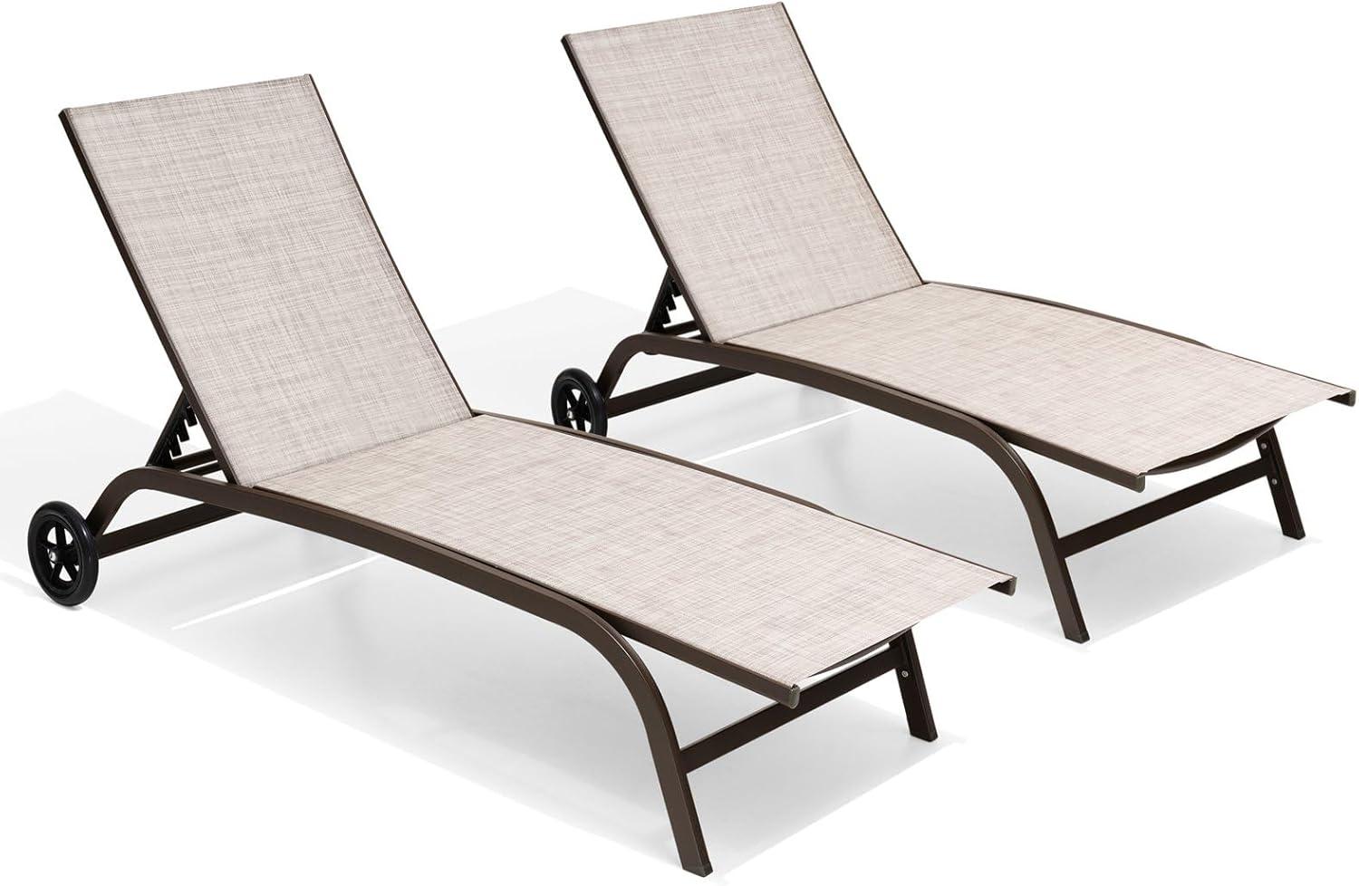 2pc Outdoor Adjustable Chaise Lounge Chairs with Wheels - Beige - Crestlive Products: Aluminum Frame, Rust & Weather-Resistant