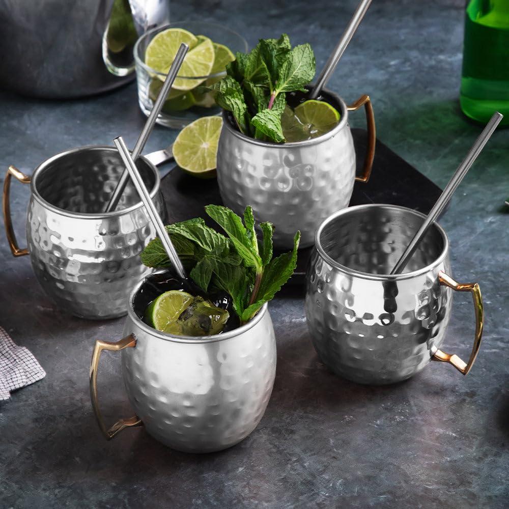 Sol Living Moscow Mule Mugs Set of 4, 14 oz Stainless Steel Lining Silver Cups Handcrafted Barware Set for Cocktails Mixed Drinks Bar Accessories Gift Set Hammered Finish Mugs Perfect for Cold Drinks