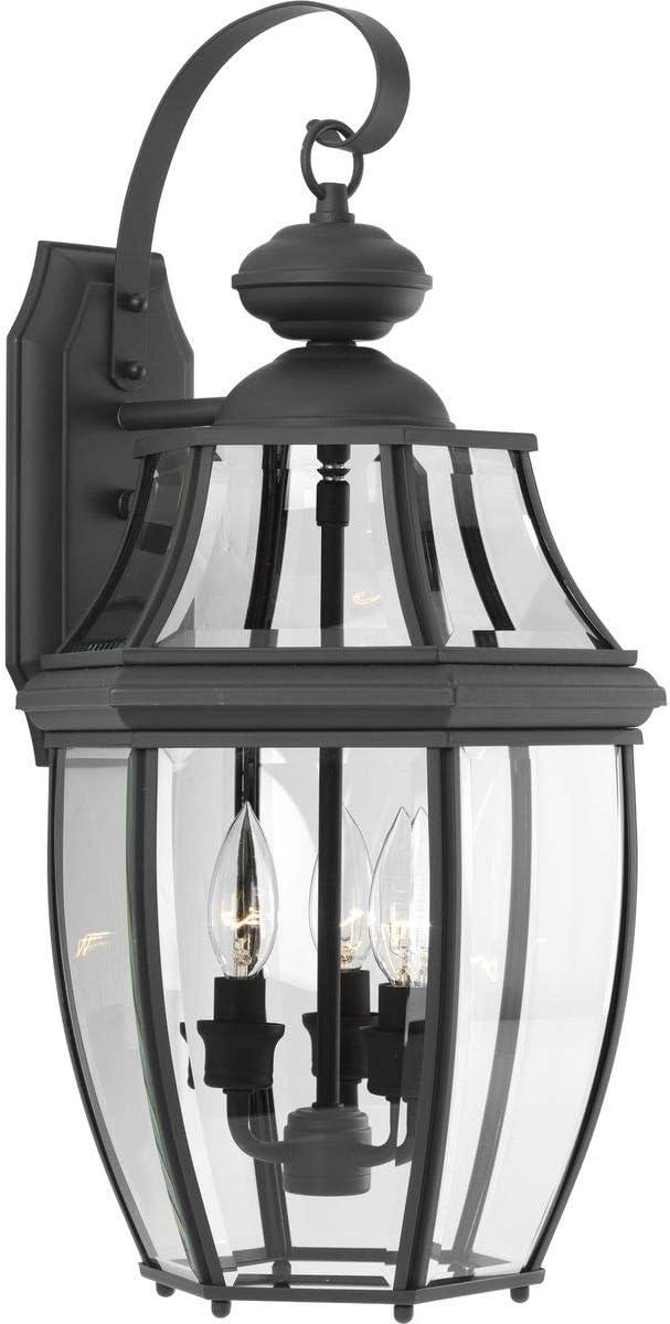 Progress Lighting New Haven 3-Light Outdoor Large Wall Lantern in Black with Clear Beveled Glass Shade