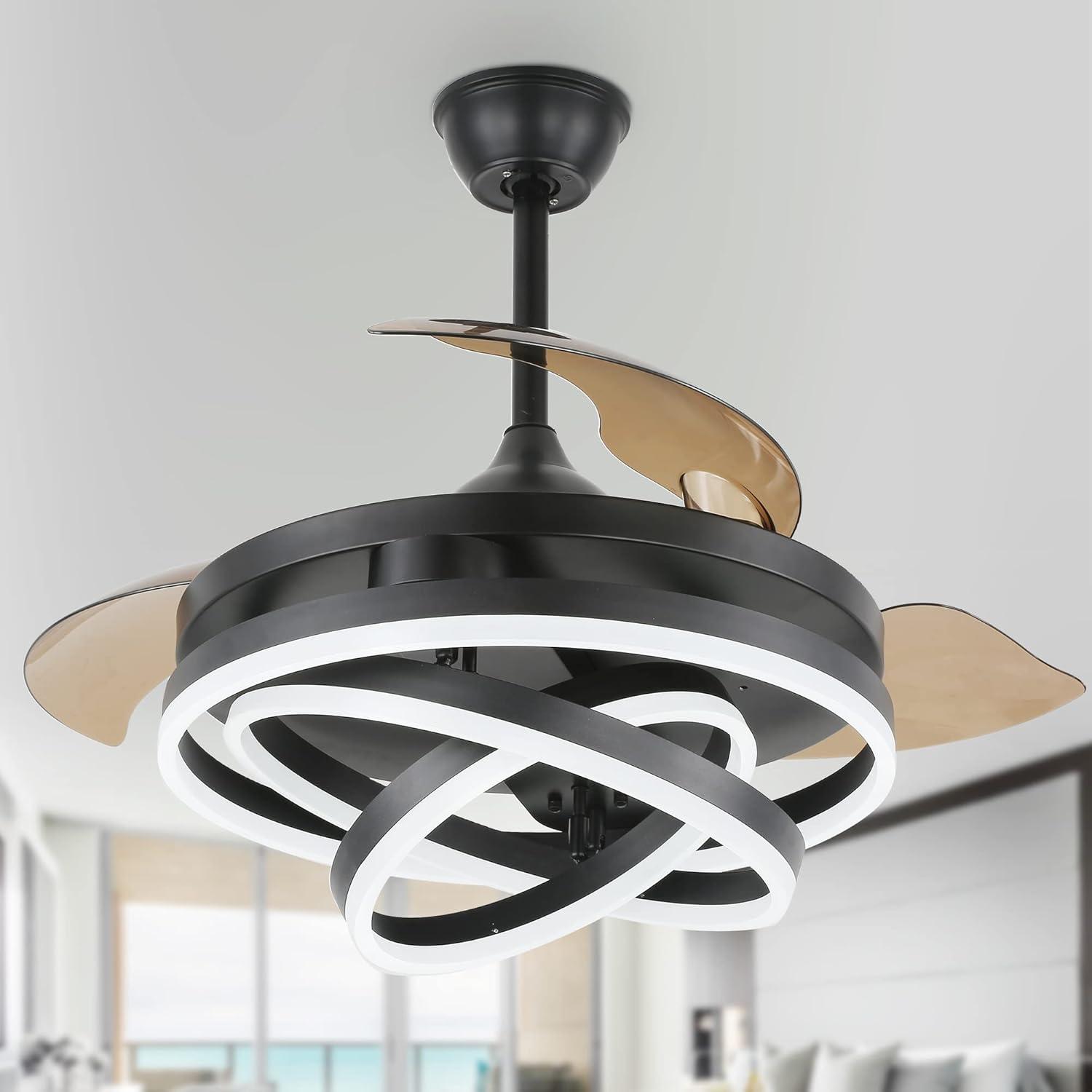 Cusp Barn 42 inches Retractable Ceiling Fan with Light and Remote, Modern Adjustable DIY Shape 3-Color Changing LED Ceiling Light for Bedroom Living Room