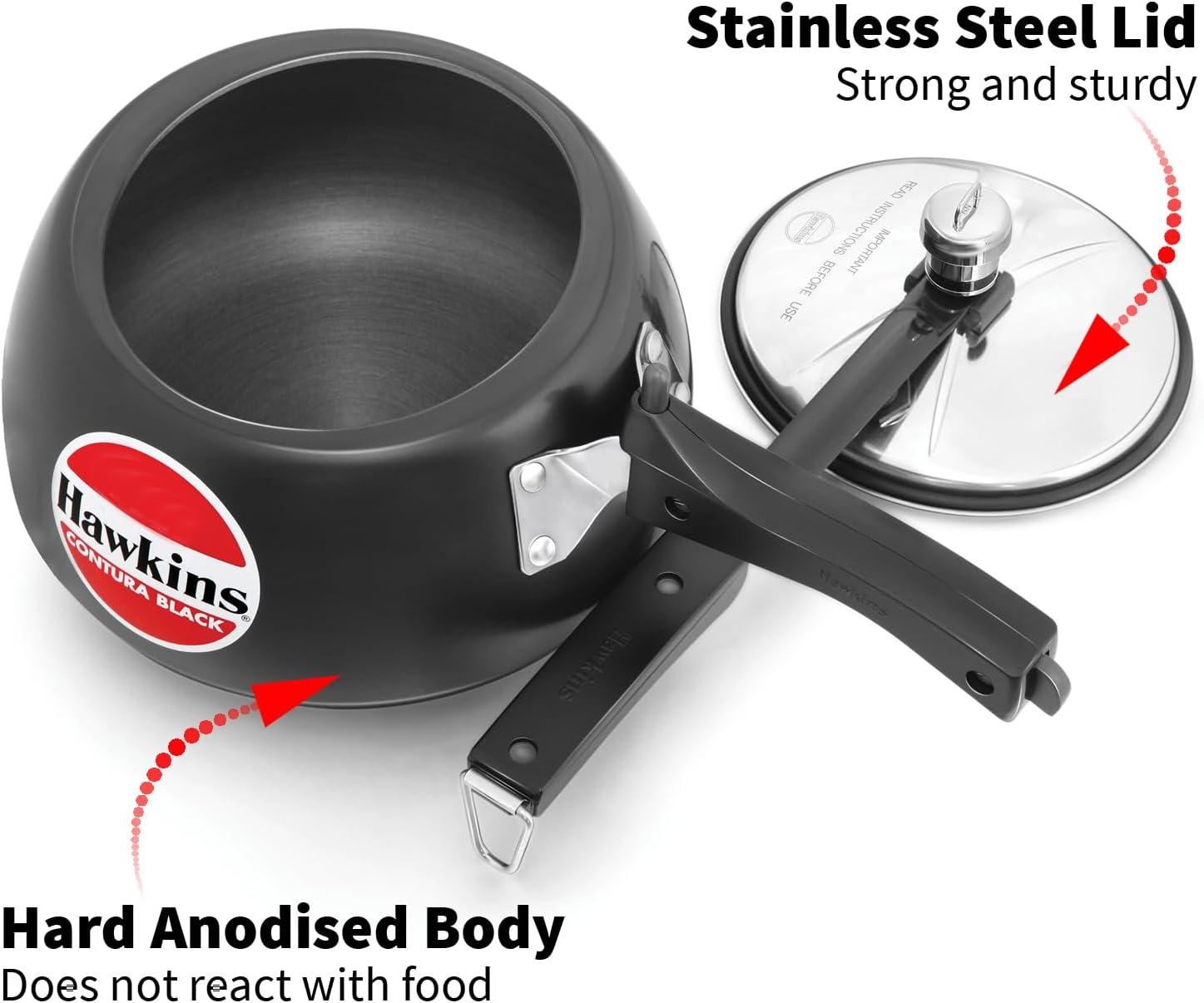 Hawkins 3L Hard Anodized Pressure Cooker: Aluminum, Locking Lid, Cool Touch Handle, Hand Wash, Black