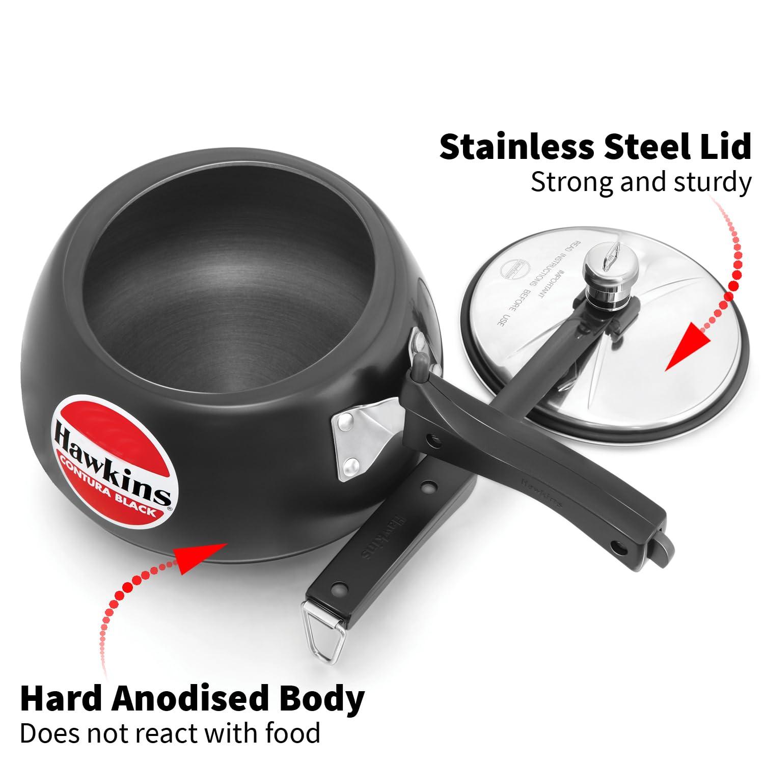 Hawkins 3L Hard Anodized Pressure Cooker: Aluminum, Locking Lid, Cool Touch Handle, Hand Wash, Black