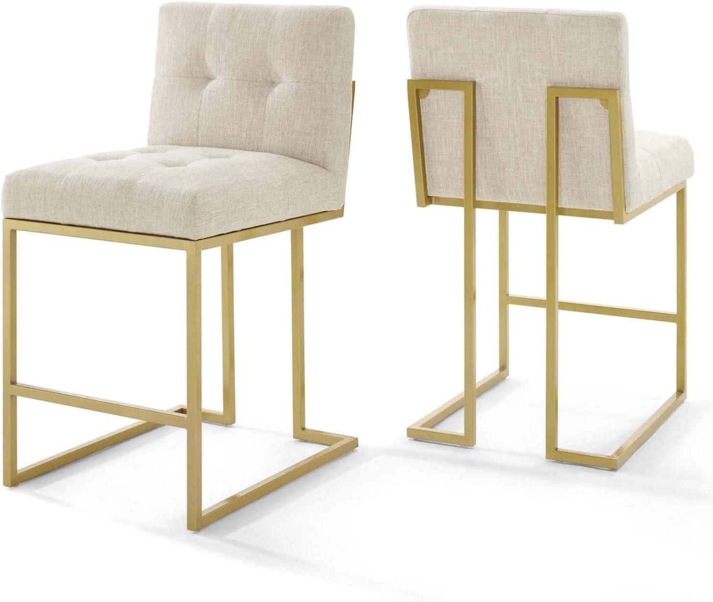 Set of 2 Beige Upholstered Gold Stainless Steel Counter Stools