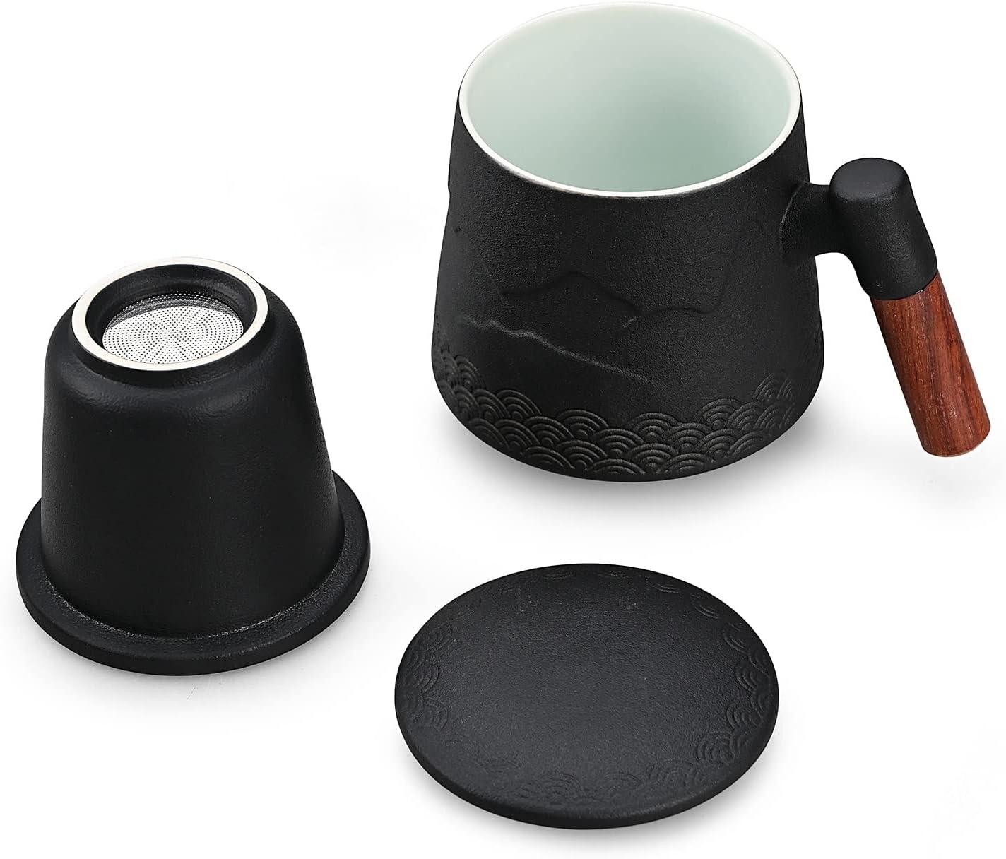 Tea Cup with Infuser and Lid, Gradual Mountain and Spray Tea Mug Cups with Infuser, Wood Handle Ceramic Coffee Mug with Lid Tea 430ml/14.50 OZ (Black)