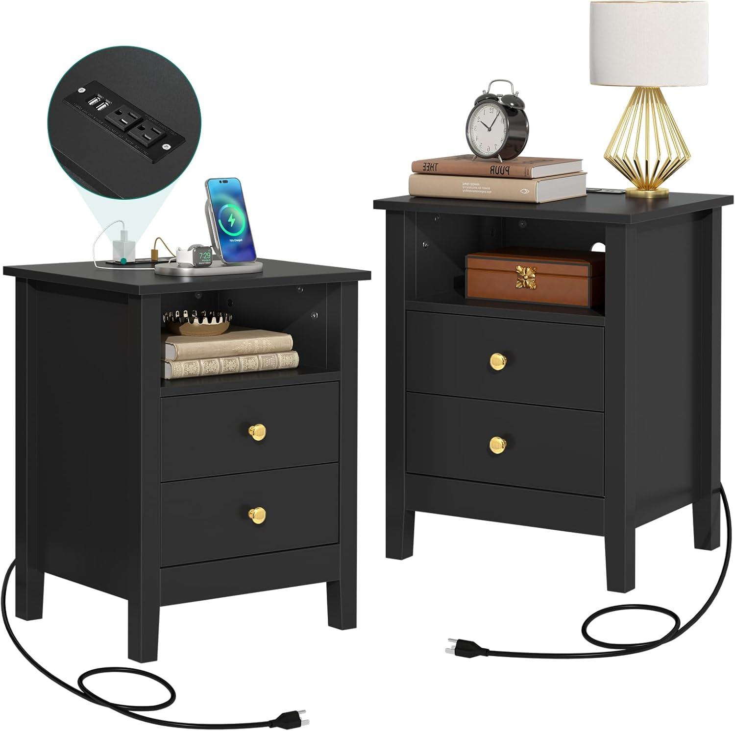 Nightstand with Charging Station, Bedside Table with USB & Type-C Port, Modern End Table with 2 Drawers for Bedroom Furniture, Black