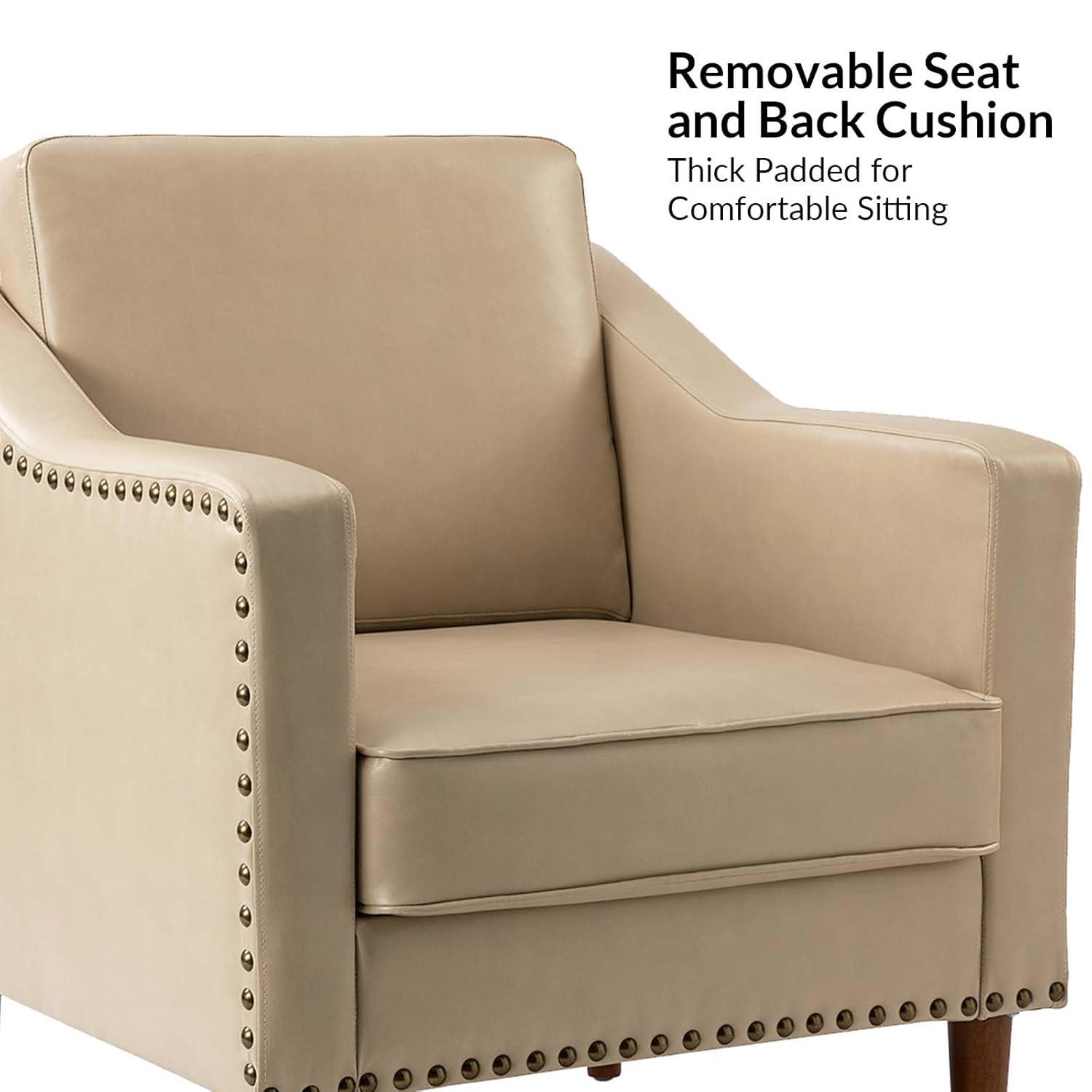 HULALA HOME Faux Leather Accent Armchairs Set of 2 with Back & Seat Cushions, Traditional Club Chairs with Nailhead Trim, Comfy Upholstered Sofa Chairs for Living Room Bedroom, Beige