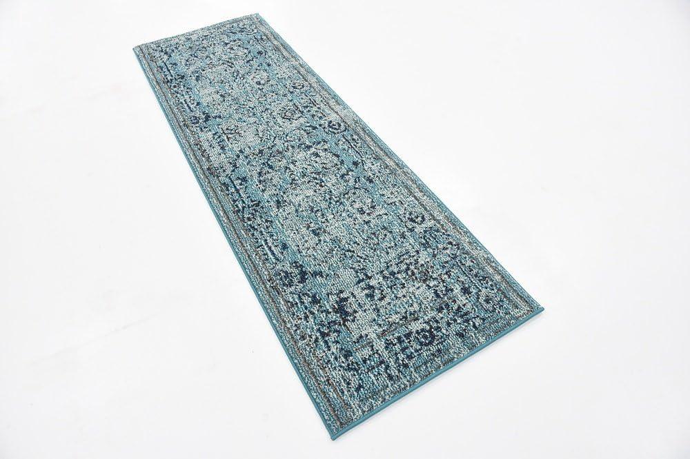 Light Blue Synthetic Stain-Resistant Runner Rug