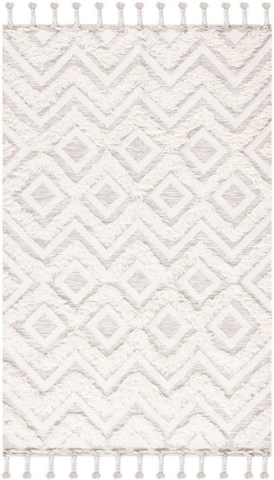 Ivory Geometric Hand-Knotted Wool Area Rug with Tassels